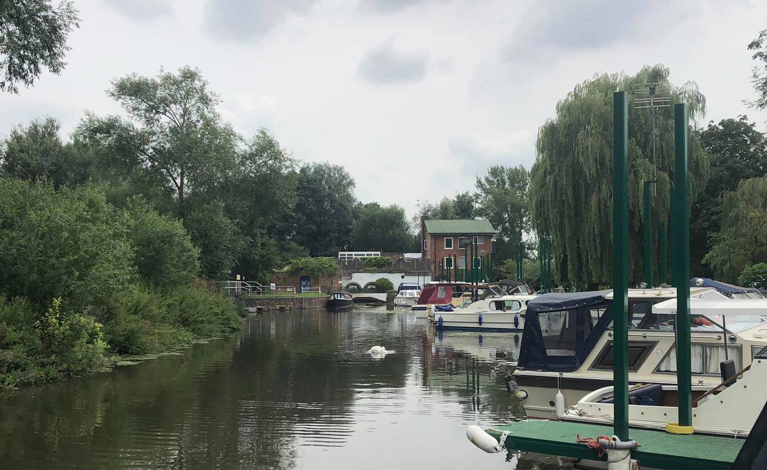 Boats along the pontoon at Strensham Mill, with high-rise mooring poles and willow trees.