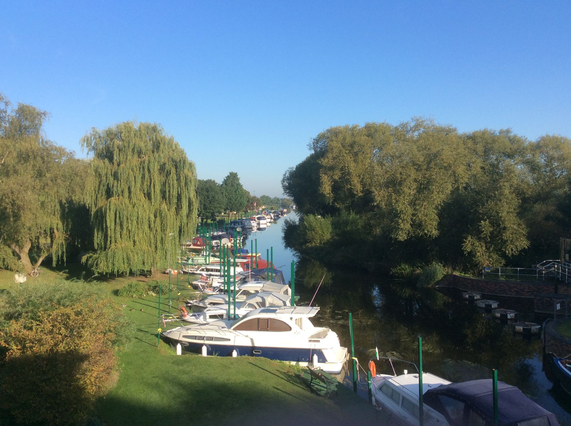 The marina from above, showing the bend in the River Avon and the surrounding Worcestershire farmland.